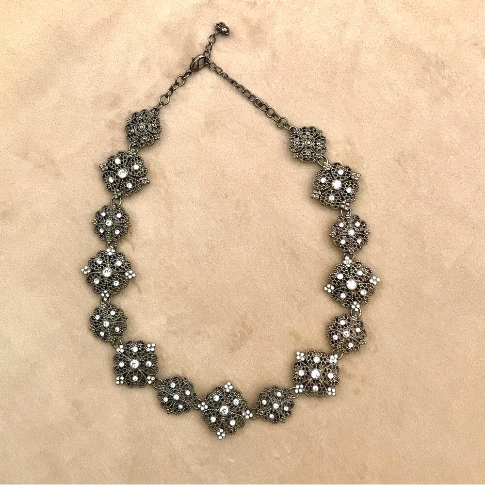 Vintage Boho Necklace Rhinestone & Silver Tone & White